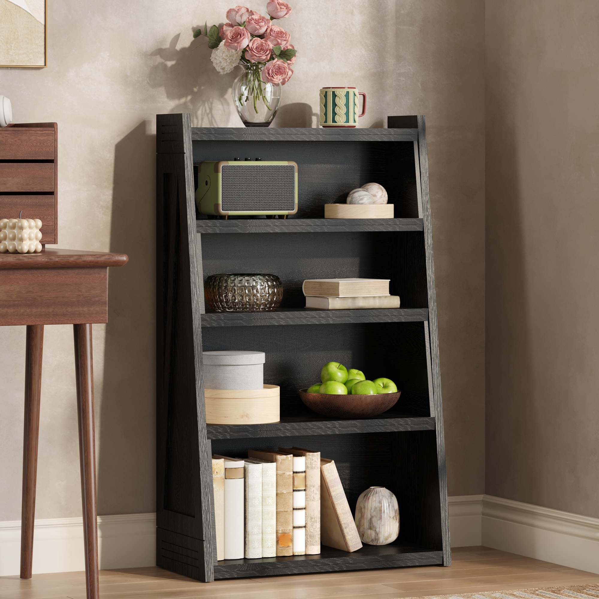 HOQBN 47" Wooden Expandable Bookshelf Storage Rack, 4-Tier L-Shaped 2-Piece Adjustable Bookcase, Corner Shelving Unit for Small Spaces Black