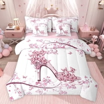 Feelyou Princess High Heel Twin Bedding Sets 7-Piece for Girl, Romantic Pink Butterfly Bedding Comforter Set, Flower Floral Reversible Sheet Sets, Lightweight Room Decor