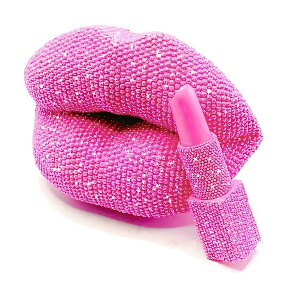 Sparkle Pink Lips & Lipstick Resin Figurine, Rhinestone-Encrusted Decorative Statue for Vanity, Bedroom & Beauty Lovers Gift