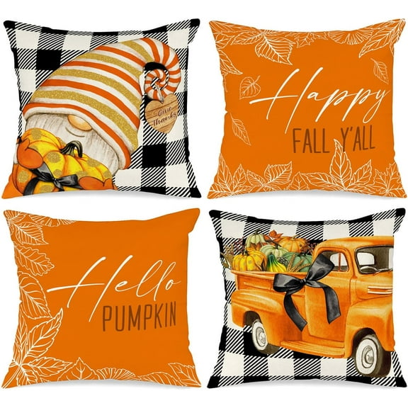 Fall 16x16 Throw Pillow Covers Set of 4, Pumpkin Gnome Decorative Holiday Pillow Case P16 x 16 Autumn Cushion Covers Thanksgiving Pillowcase for Indoor Home Bedroom Couch Sofa Decoration White