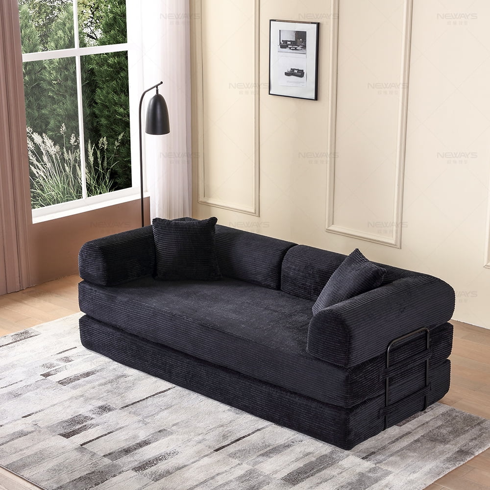 Miniyam 2 in 1 Black Sleeper Sofa Floor Couch with 2 Cylindrical Pillow Cloud Corduroy Foldable Mattress Couch with Fixed-Shape Frame 3 Seat, 78 W x 35.4 L x 26.7 H