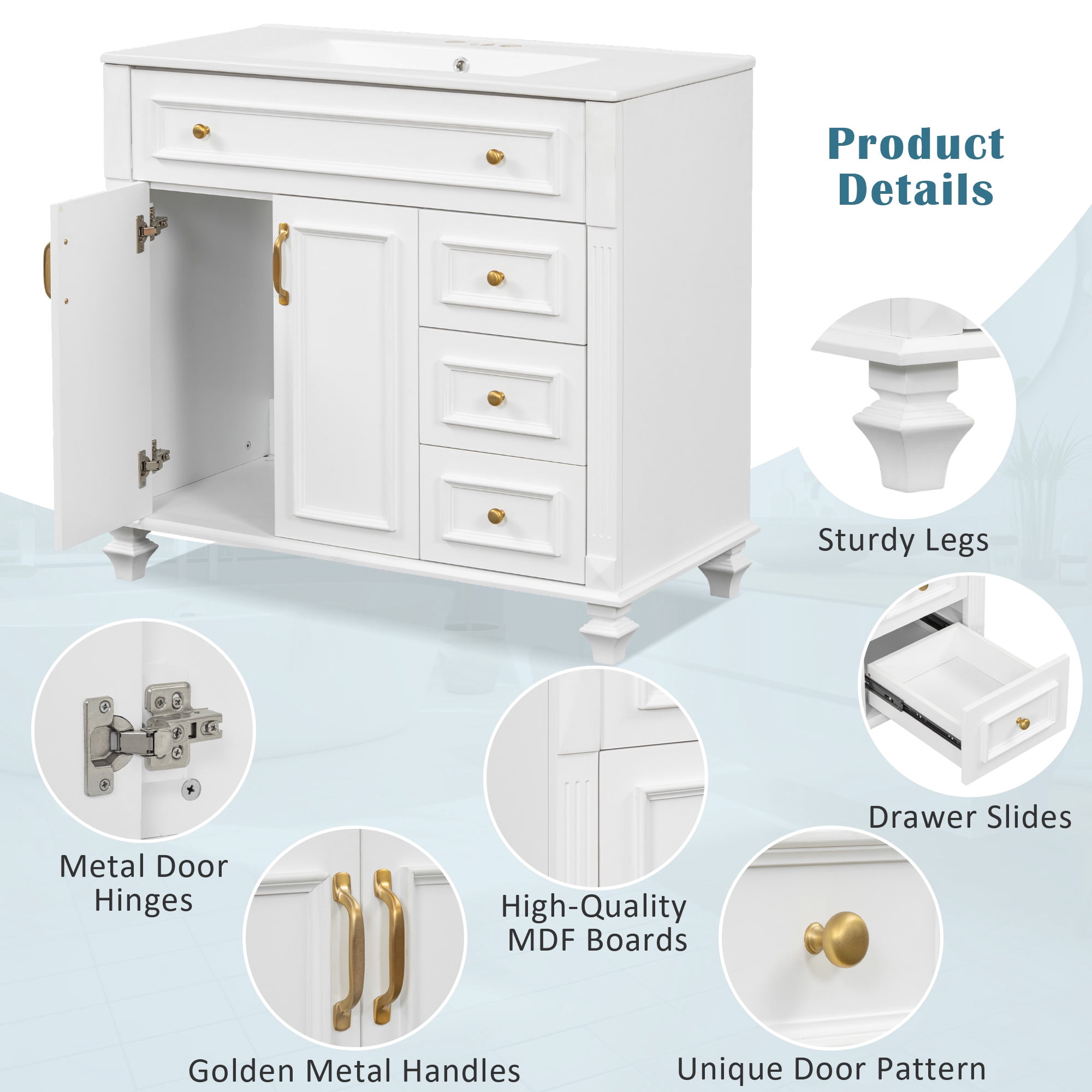 PORKISS 36" Bathroom Vanity with Ceramic Sink, Freestanding Bathroom Storage Cabinet with Flip-Out Drawer, 3 Drawers and 2 Doors, Wood Bathroom Vanity Cabinet with Gold Hardware, White