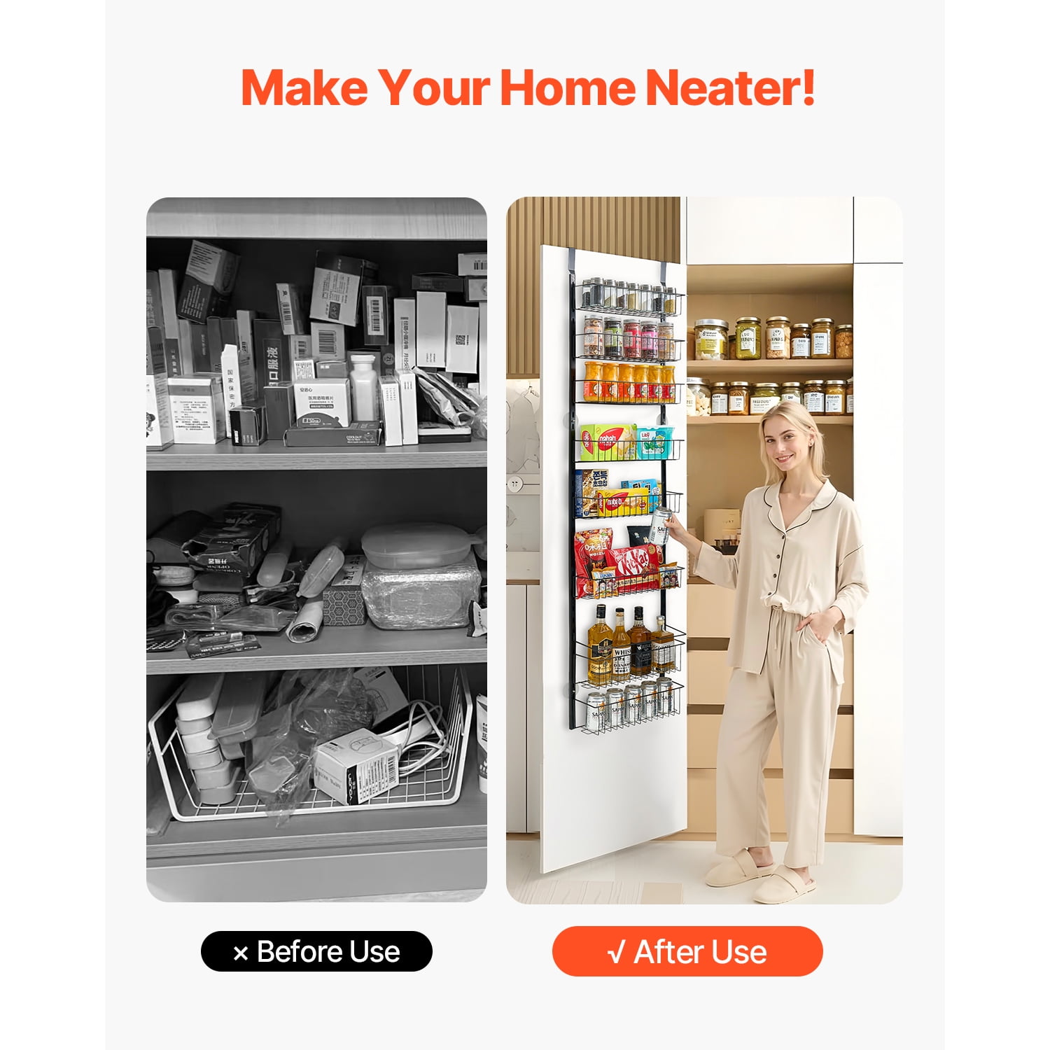 KFFKFF Door-Mounted Pantry Organizer, 8-Level Storage Solution, Robust Steel Constructed Spice Holder, Customizable Wall-Mounted Condiment Shelves, Suitable for Kitchen, Laundry Area, Bathroom, Black