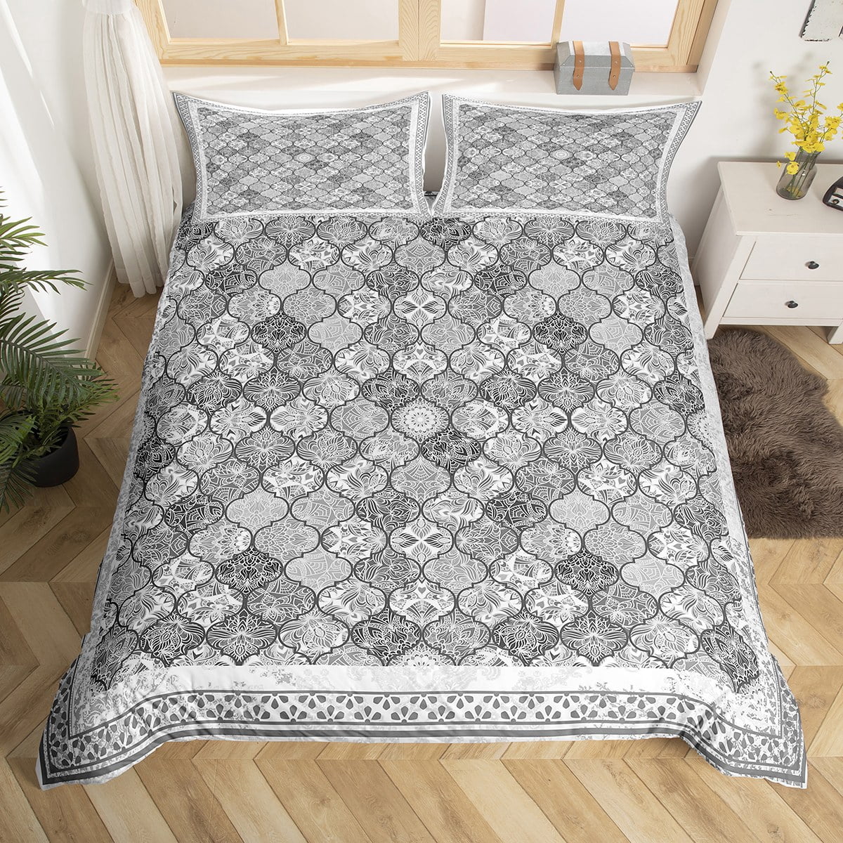 YST Bohemian Comforter Cover Queen Black White Grey Paisley Damask Bedding Set For Adults Exotic