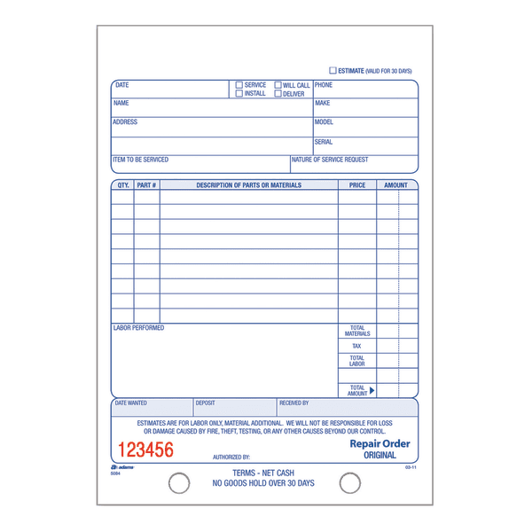 Adams Repair Order Book, 5.56 X 8.44 Inches, White, 2-part, 50 Sheets 