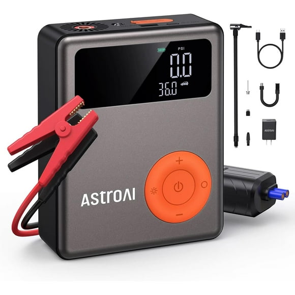 AstroAI Jump Starter with Air Compressor,1750A 12V Car Battery Jump Starter with 150PSI Digital Tire Inflator, Visible LCD Screen with Jumper Cable, AC Charger