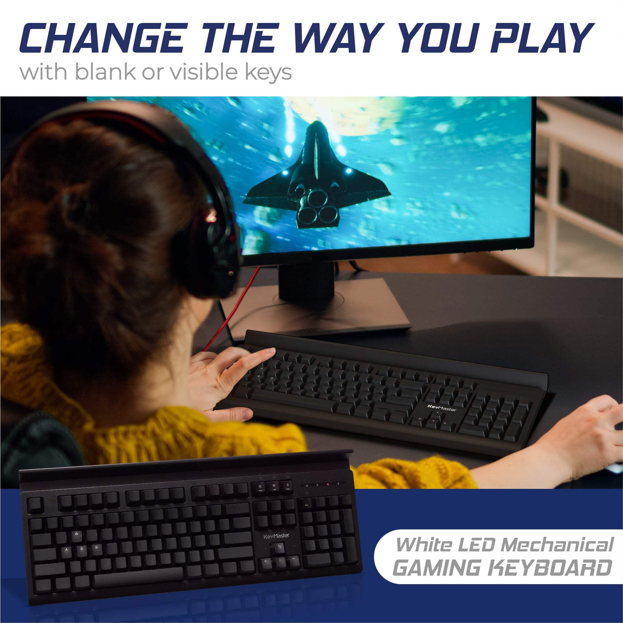 Blank or Visible Keys | Mechanical Wired PC Gaming Keyboard by Keymaster | Shine Through Keycaps with Custom Key Lighting | Backlit White LED with Show/Hide Light Up Keys | Silent Linear Switches