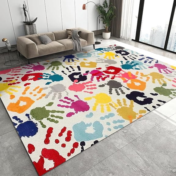 Trendy Colored Handprints Area Rug, Non Slip Easy Care Throw Large Area Rugs, Breathable Durable Carpet for Indoor Bedroom Living Room Office Decor Rug 4 x 5ft