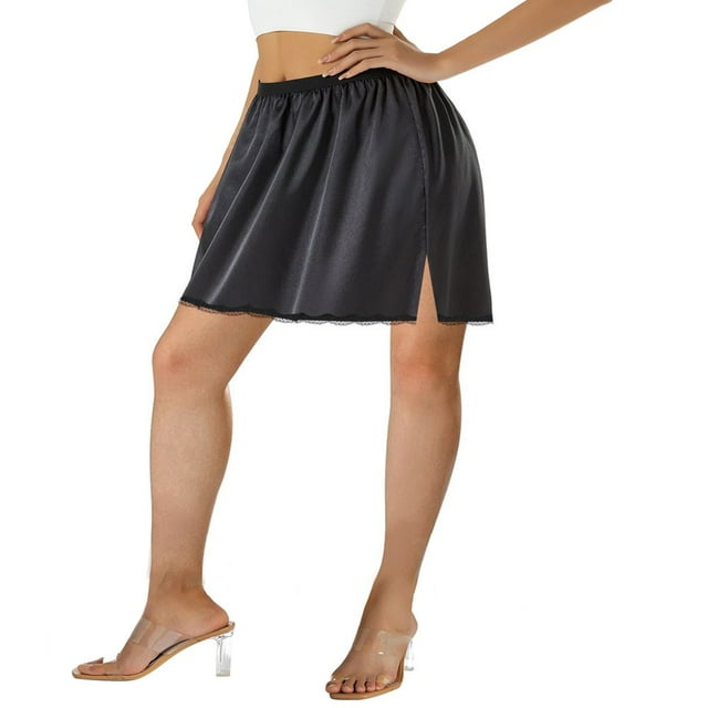 Women Half Slips Elastic Waist Solid Color Satin Underskirt Lace Trim Skirt for Under Dresses