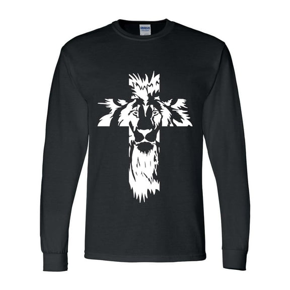 Mens Christian Tshirt Lion of Judah Cross Christian Long Sleeve T-shirt Graphic Tee-Black-small