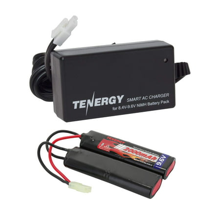 Tenergy 9.6V Airsoft Battery 2000mAh NiMH Nunchuck Battery w/Mini Tamiya Connector for Airsoft Gun + 8.4V-9.6V NiMH Battery Charger w/Mini Tamiya Connector and Standard Tamiya