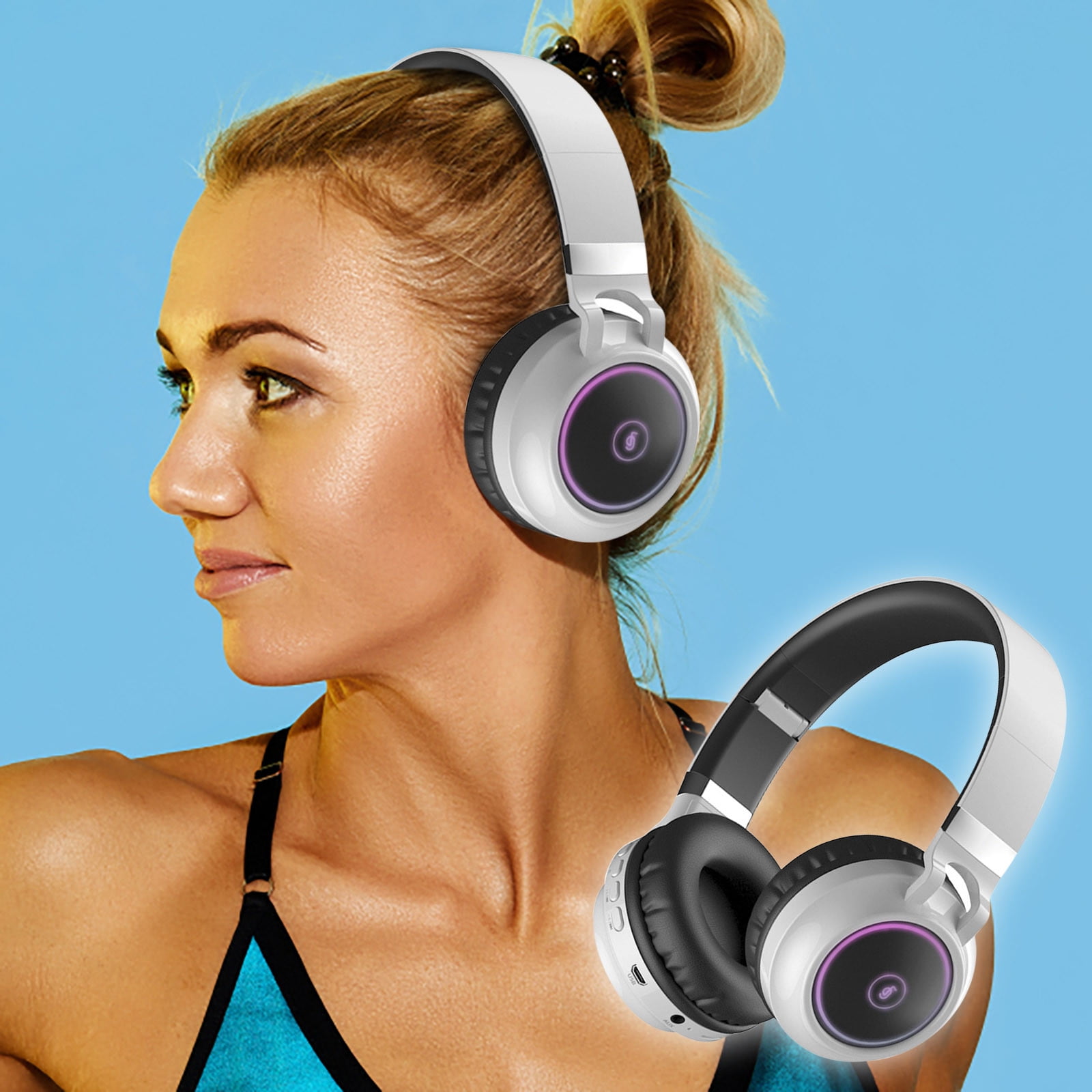 Foldable Headphones Wireless Bluetooth 5.0 Headset Bluetooth/FM/TF Card Play and Aux-in Function Colorful LED Aperture Built in Microphone, Bluetooth Headset