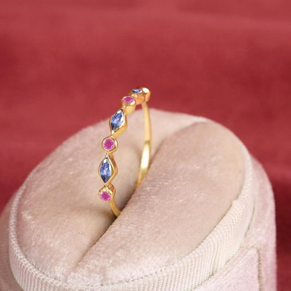 Blue Sapphire & Pink Sapphire Alternate Ring, Dainty Stackable Ring, September Birthstone Ring, Sri Lankan Pink Gemstone Ring