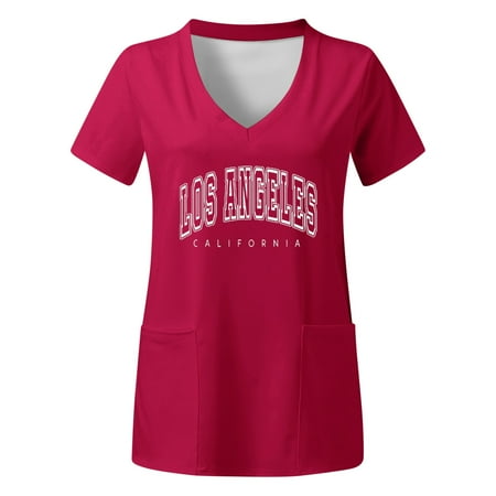 

Women Scrubs Tops Plus Size Top V Neck Short Sleeved Pockets Prints T Shirt Nurse Workwear