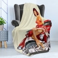 thumbnail image 4 of Pin up Girl Soft Flannel Fleece Throw Blanket, Ginger Lady with Red White PolkDotted Dress Sitting on Classic Retro Car, Cozy Plush for Indoor and Outdoor Use, 60" x 80", Multicolor, by Ambesonne, 4 of 5