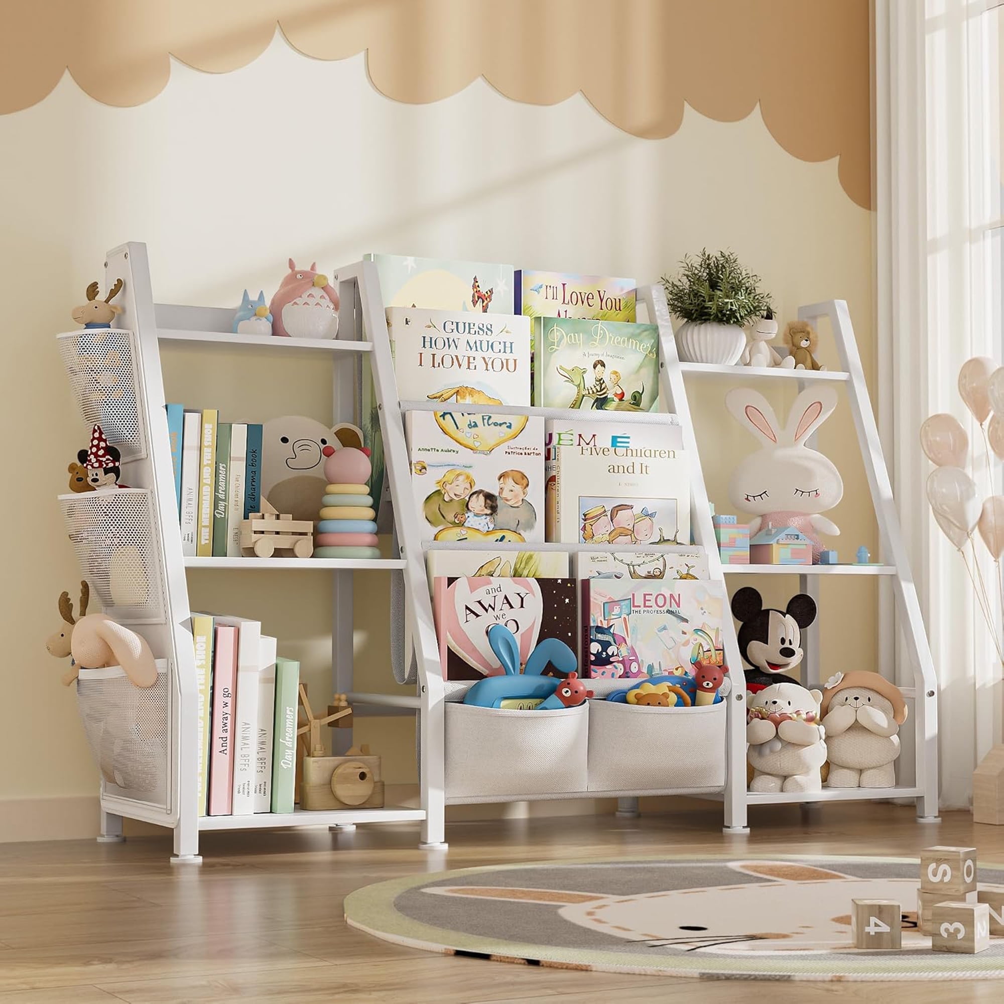 Joqixon Kids Bookshelf Large Storage Bookcase: 3-Tier Book Sling Shelf Toy Organizer for Toddler - Display Rack with 3 Pockets for Kids Rooms, Bedroom, Playroom, Nursery (White, Wood + Metal)