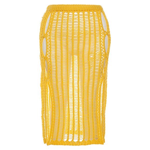 Women Hollow Out Knit Skirt Summer Crochet High Waisted Fishnet Long Skirt Split Beach Cover Ups