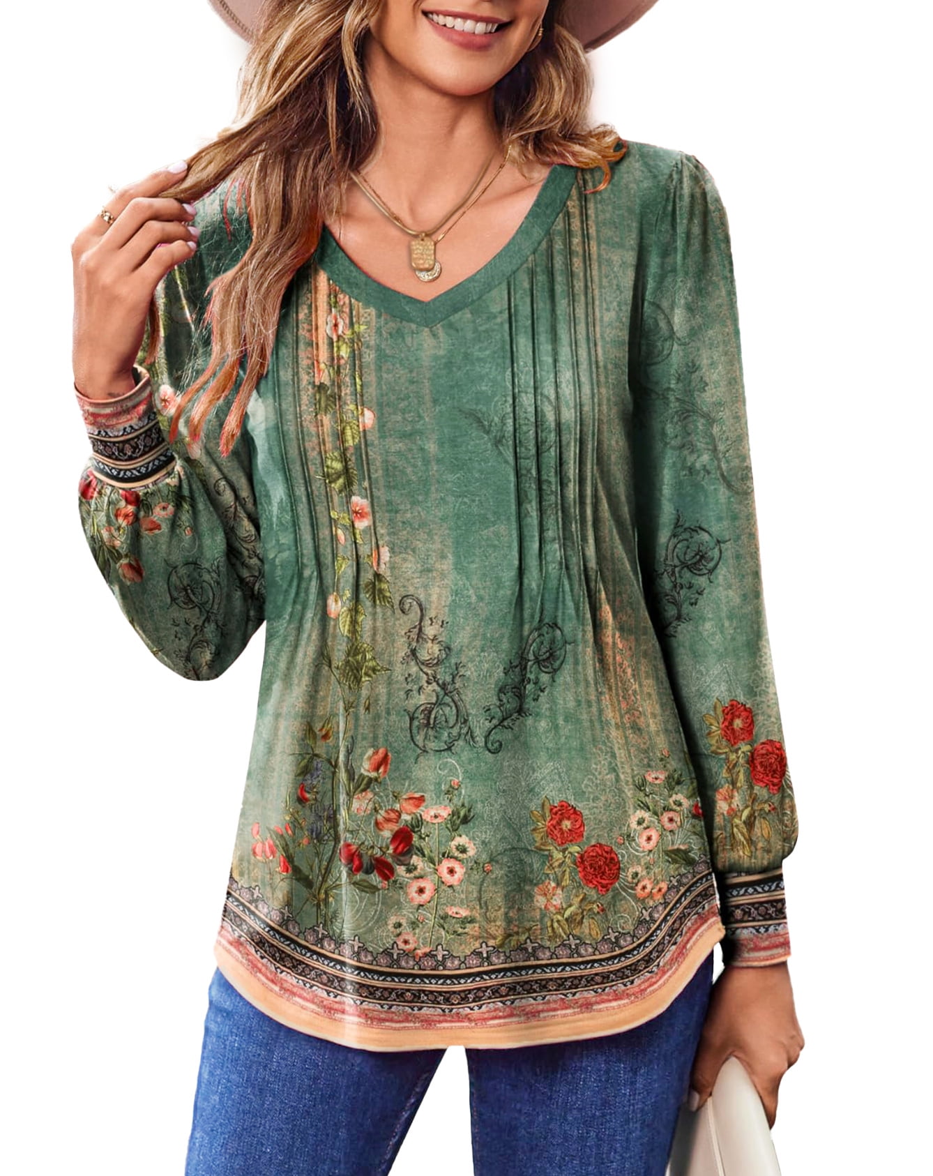 Fantaslook Long Sleeve Shirts for Women Fall Tops Dressy Casual Blouses Pleated V Neck Tunic Tops