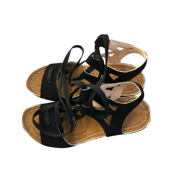 RUIYANQI Women's Gladiator Sandals Strappy Lace Up Open Toe Block Heel Sandals Summer Party Dressy Shoes Casual Comfortable Footwear Black Women Sandal
