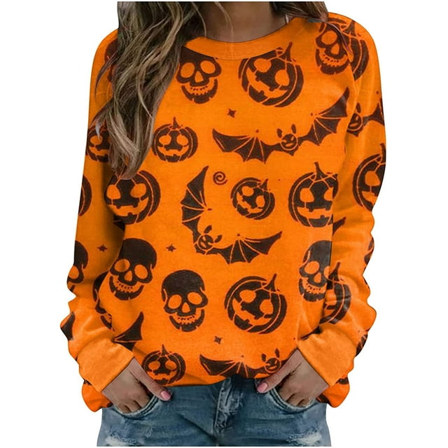 Sweatshirt d'Halloween pour Femmes Imprimé Citrouille et Chat Manches Longues Col Rond Graphique Pull Décontracté d'Automne