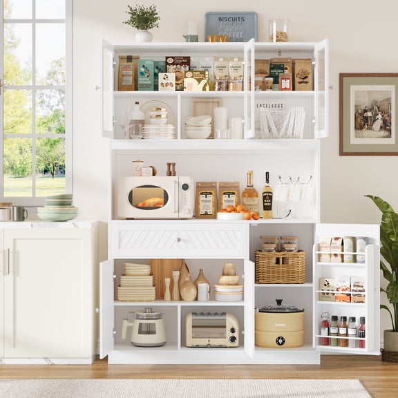 Hiphuta 72" Tall Modern Pantry Cabinet with Adjustable Shelves, Freestanding Kitchen Hutch Cabinet for Dining Room, White