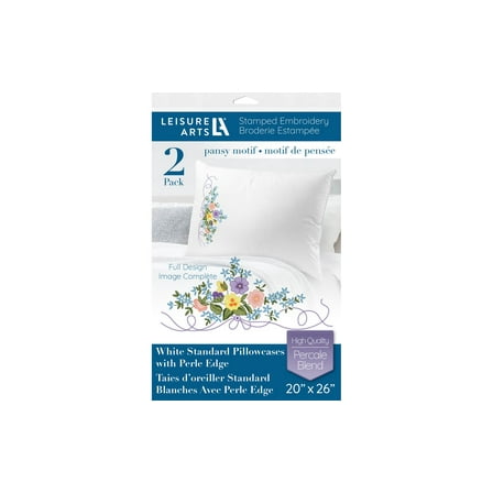 Leisure Arts Pillowcase 20"X26" Pansy Motif 2Pc, Embroidery Pillow Kit, Stamped Embroidery Pillowcases, Pillow Cases Stamped, Stamped Cross Stitch Cases