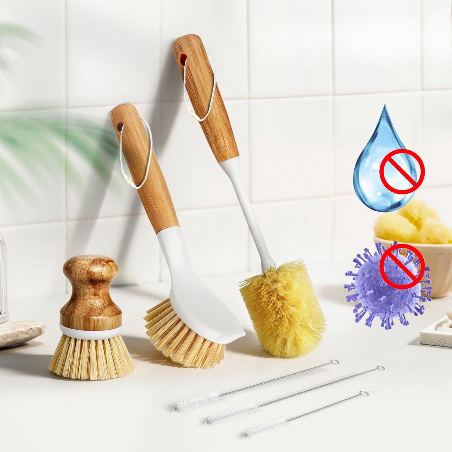 6 Pack Dish Brush Scouring Pad Set with Bottle Brush, Dish Brush, Palm Scrub Brush and Straw Brush, Dish Scrubber Long Handle for Dish Bottle Cup Skillet Wok Pot Pan Cast Iron, Yellow