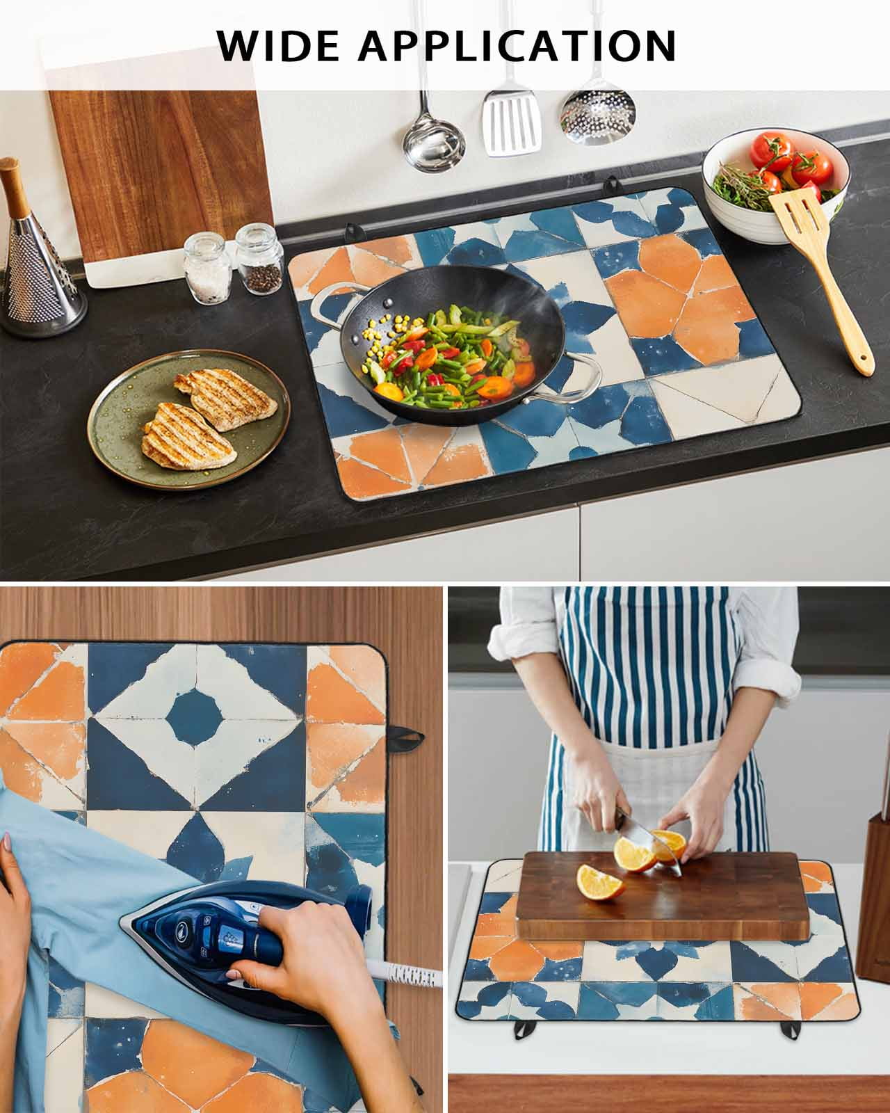 nqOlkjepod Large Induction Cooktop Protector Mat 24"x21", Abstract Blue Stove Top Covers for Electric Stove, Orange Color Block Retro Watercolor Boho Stove Burner Cover Mats, Glass Top Stove Cover
