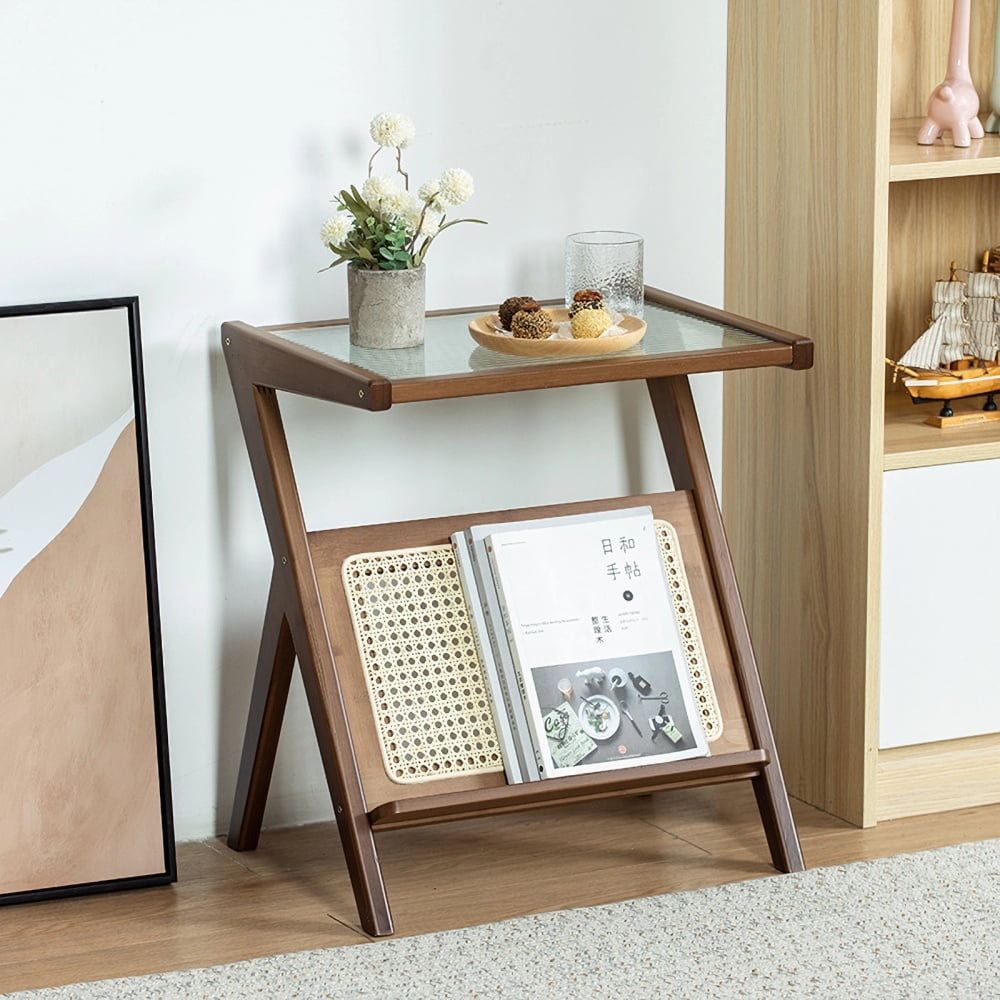 Rattan Nightstand Side Table, Bamboo Accent Bedside Tables, Glass Coffee Tables, Boho End Table with Storage for Small Space Living Room Bedroom, Brown