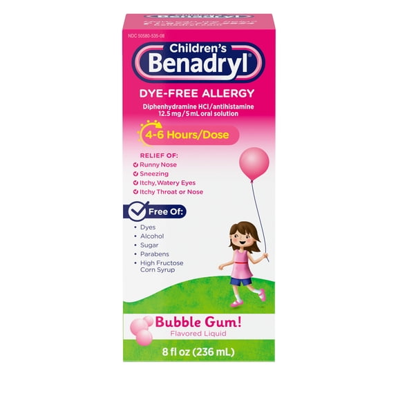 Children's Benadryl Dye-Free Allergy Liquid, Bubble Gum, 8 fl. oz