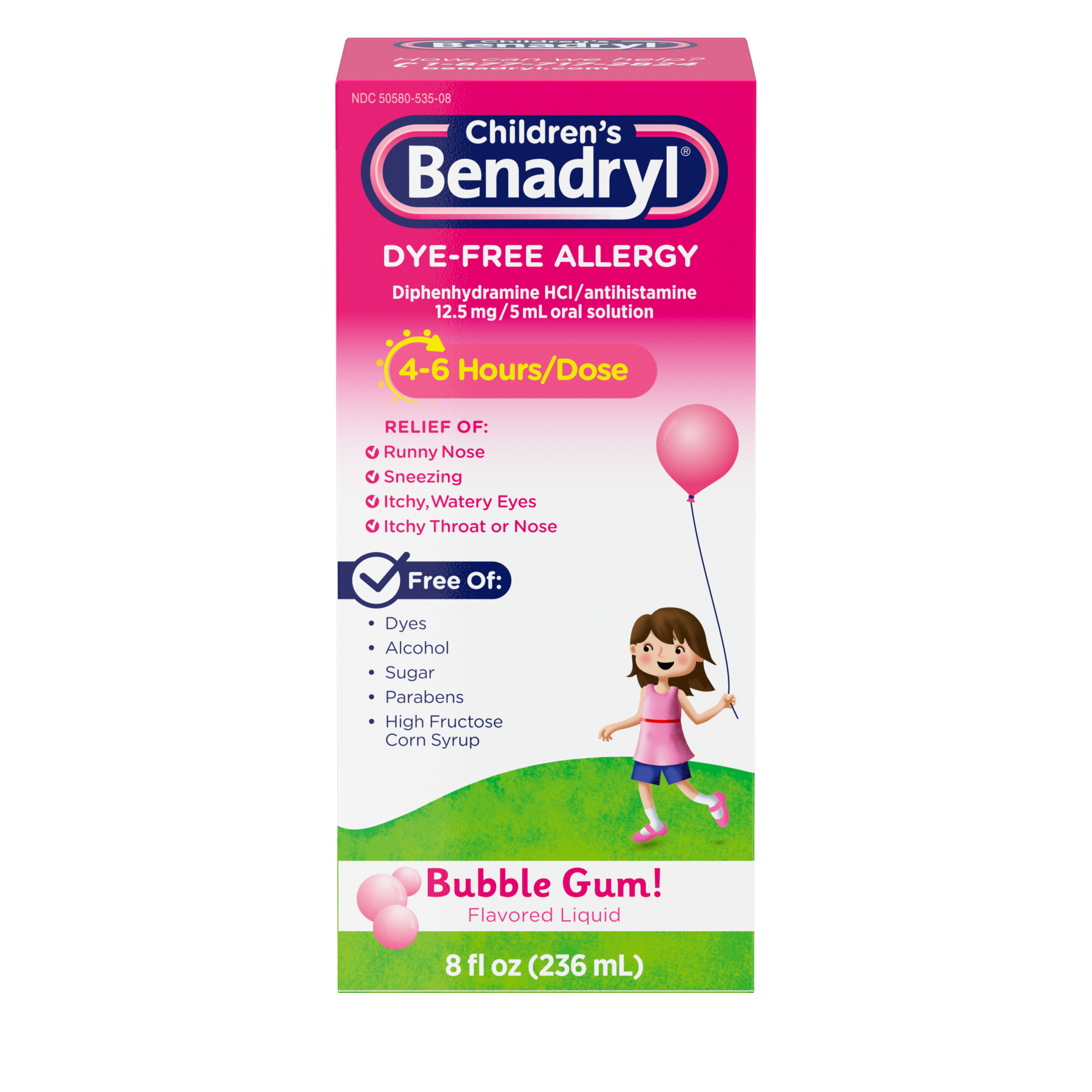 Children's Benadryl Dye-Free Allergy Liquid, Bubble Gum, 8 fl. oz