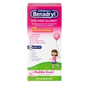 (3 pack) Children's Benadryl Dye-Free Allergy Liquid, Bubble Gum, 8 fl. oz