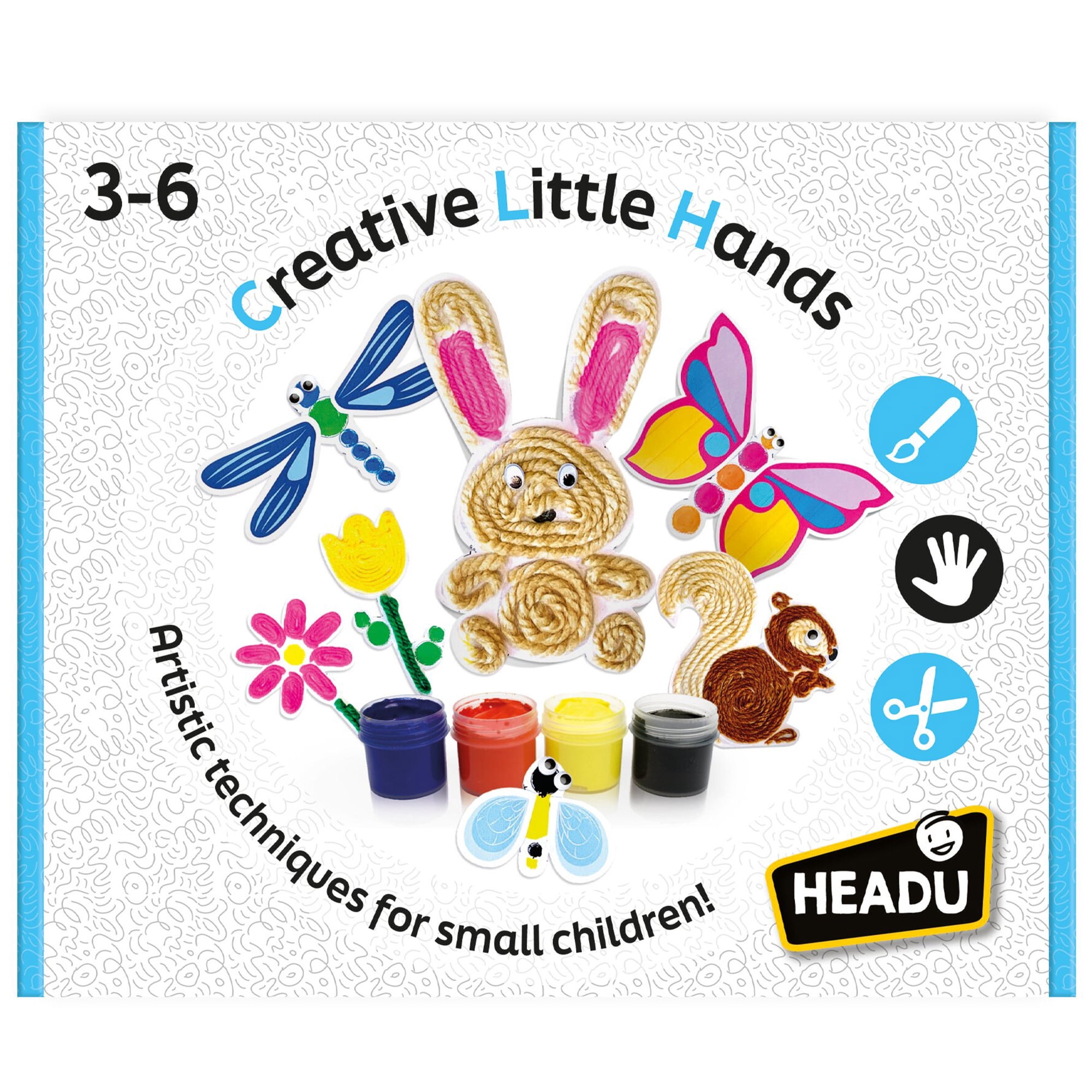 Headu: Creative Little Hands - DIY Artistic Techniques Craft Kit, Finger Painting, Woolen Threads Characters & Flowers, Cardboard Cut-Outs, Kids 3+