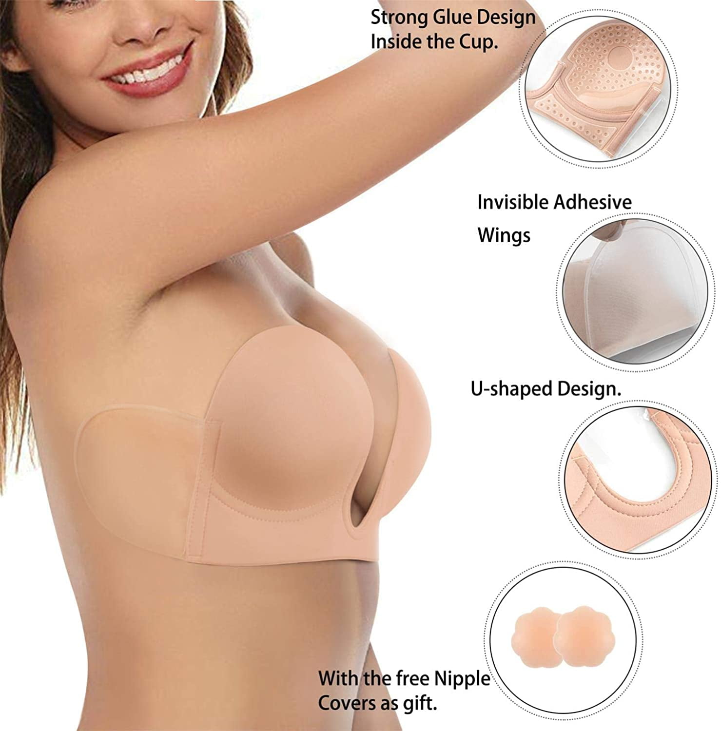 JinLinly Adhesive Bra, Invisible Sticky Bra, Strapless Backless Bra  Nippless Covers Push Up Self Invisible Sticky Bra for Women 