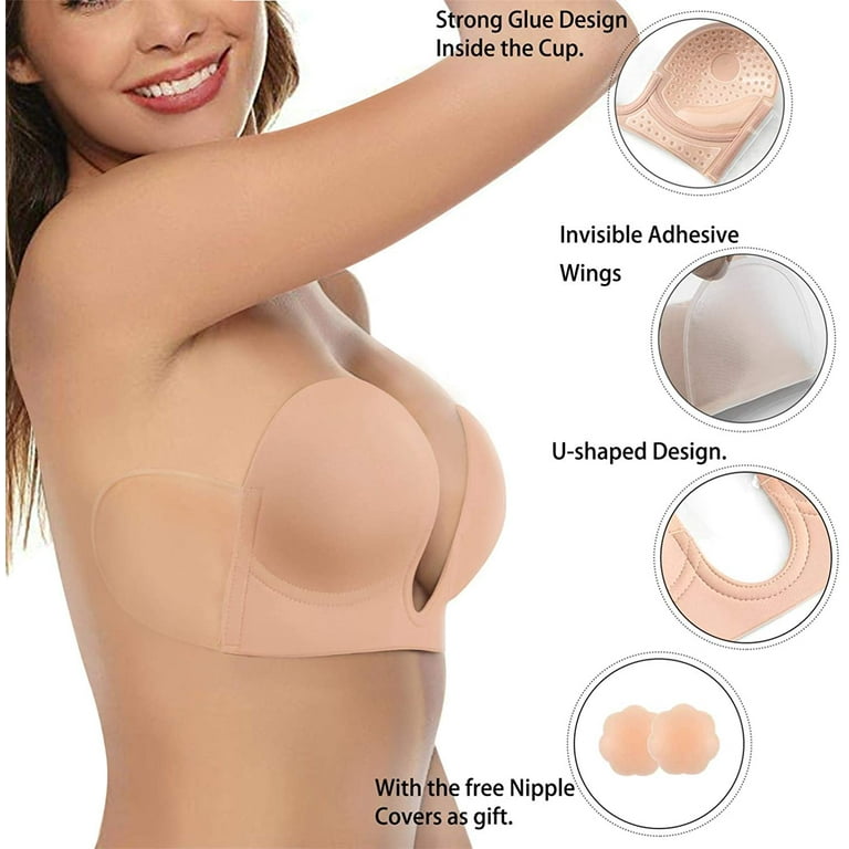 NECHOLOGY Womens Strapless Bras Ladies Low Cut Strapless Adhesive Push Up  Bra Open Back under Control Maternity Bra Underwear Beige XX-Large 