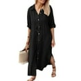 thumbnail image 3 of Elainilye Fashion Dresses for Women 2024 Summer Casual Turn-down Collar Buttons Solid Long Sleeve Button Long Dresses,Black, 3 of 6