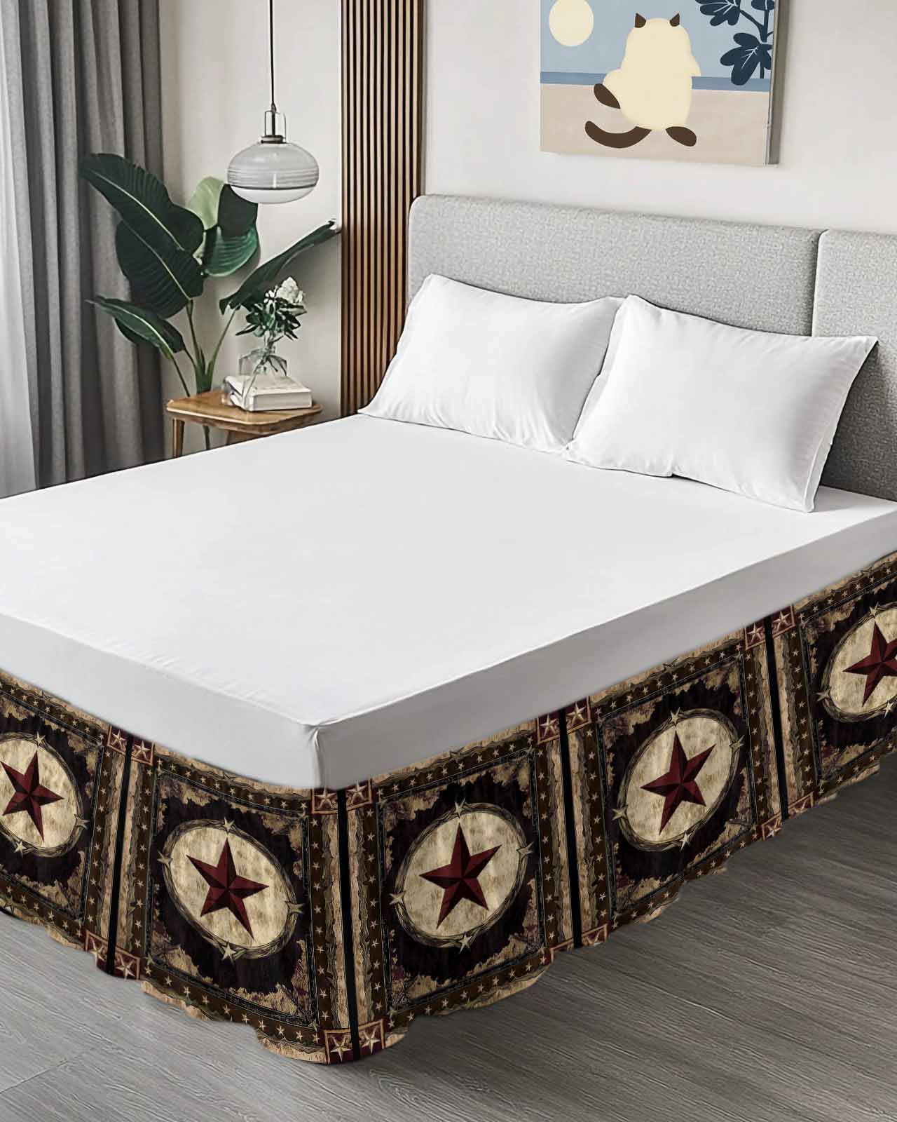 Texas Star Bed Skirt Western Retro Red Star Rustic Farmhouse Bed Skirts Queen Size 18 Inch Drop, Wrap Around Dust Ruffle&nbsp;Bedskirt with Adjustable Elastic Belt for Queen Size Beds