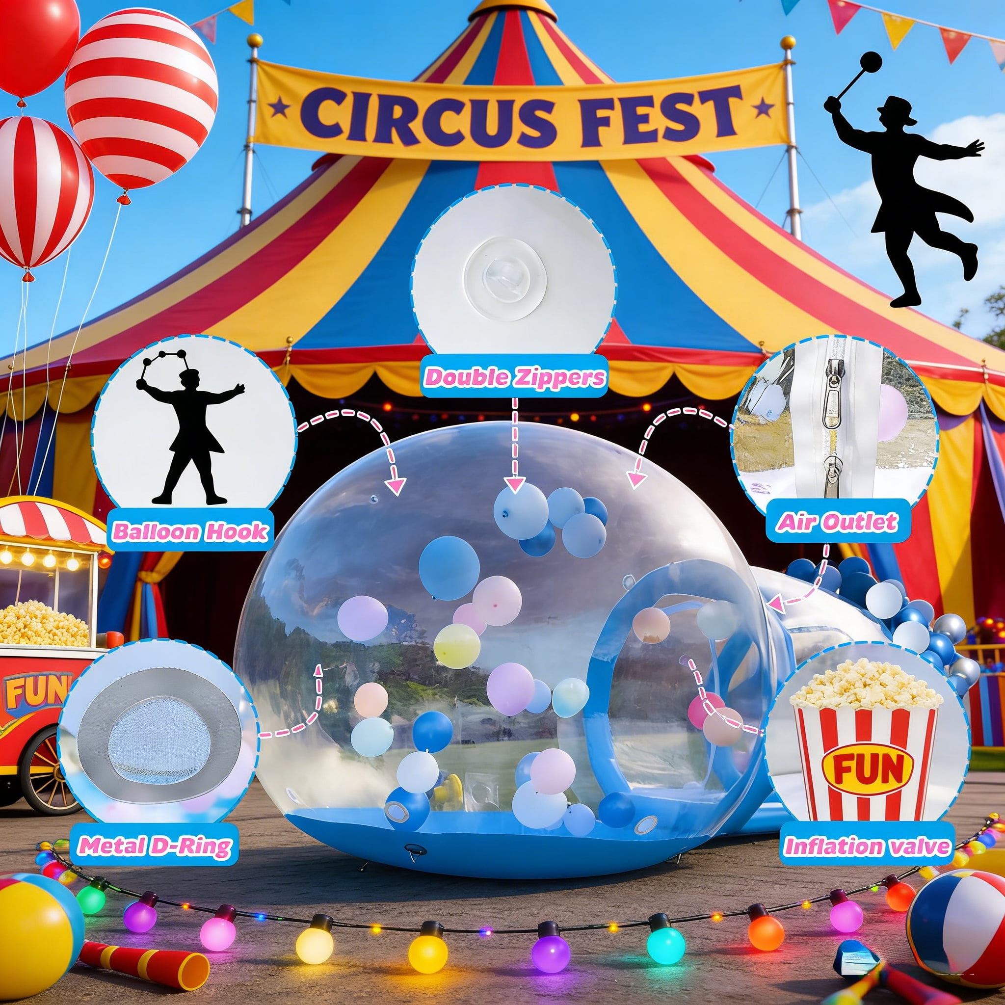 Vakiorn Blue Bubble Balloon House 10 ft Inflatable PVC Dome with Tunnel and Air Pump Clear Playhouse for Kids Party Yard Decoration