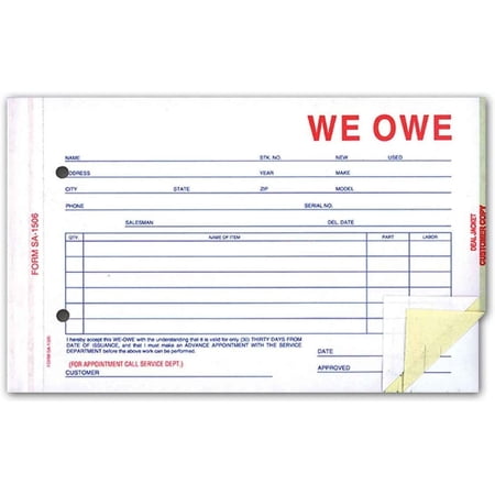 We Owe Form for Car Dealers (3-Part Carbonless) (100 per Pack)