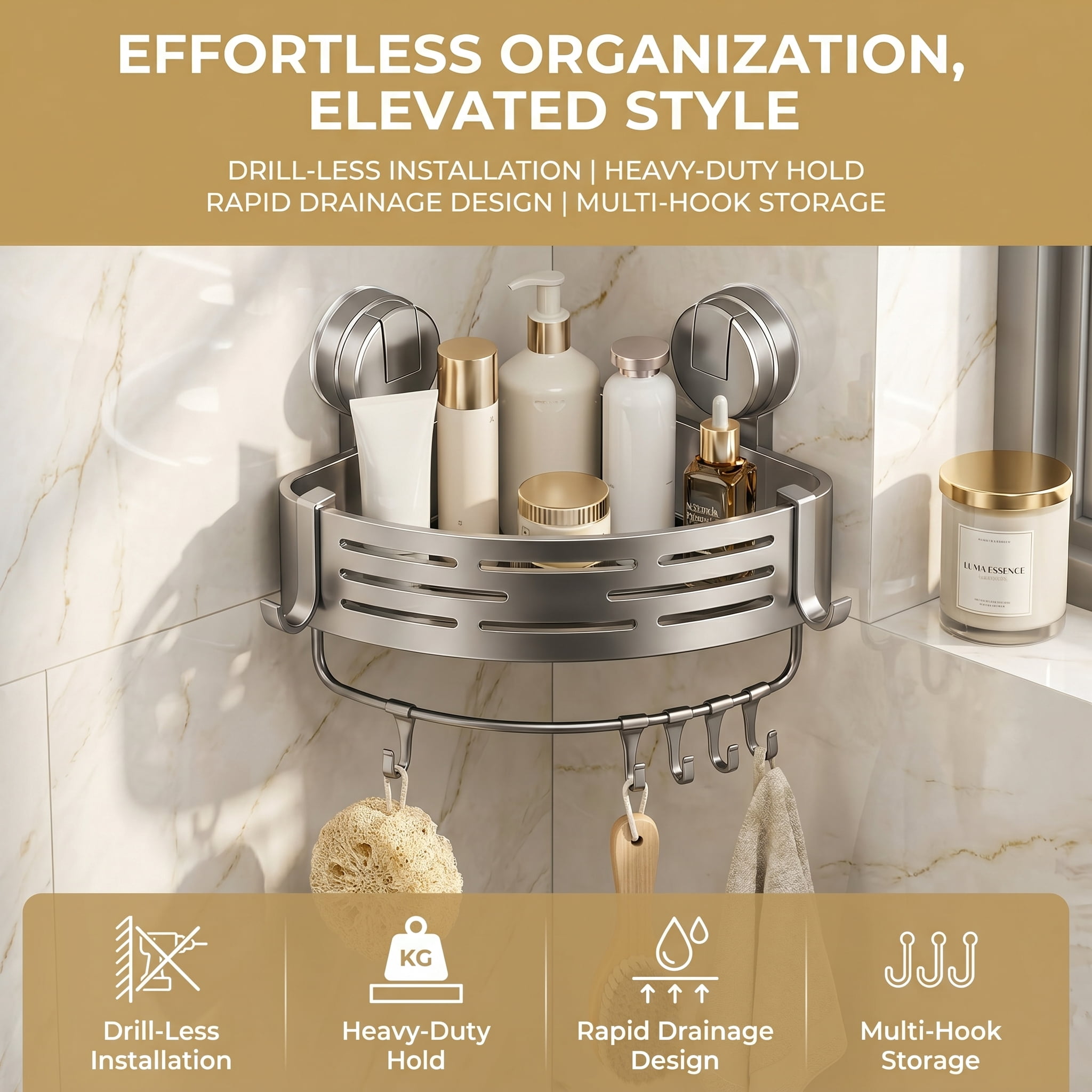 2 Pack Suction Corner Shower Caddy, No Drill Bathroom Organizer, Wall Mount Shower Shelves with Hooks, Removable Shower Caddies for Bathroom & Kitchen Storage