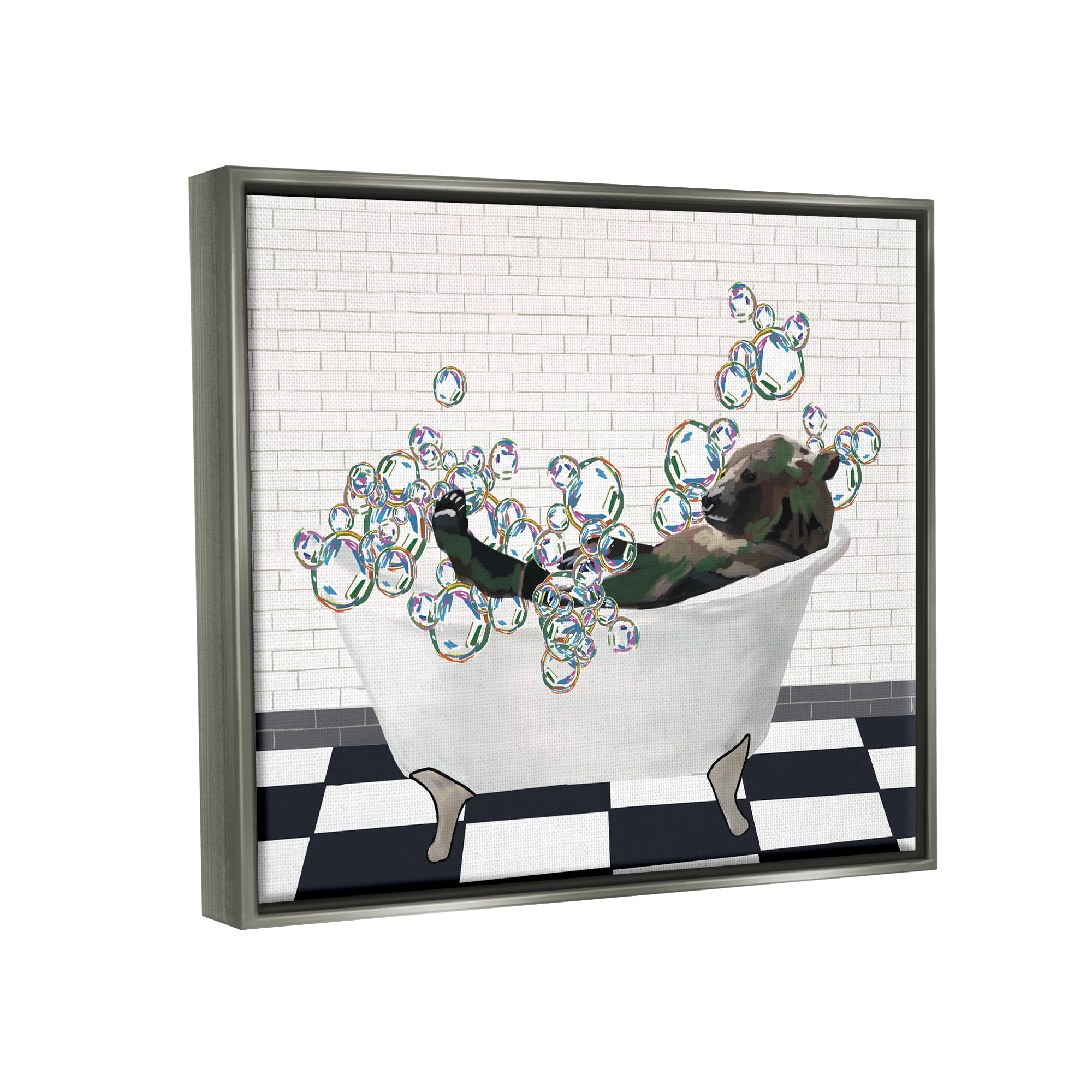 Stupell Industries Bear in Bubble Bath Animals & Insects Painting Gray Floater Framed Art Print Wall Art, 21 x 17