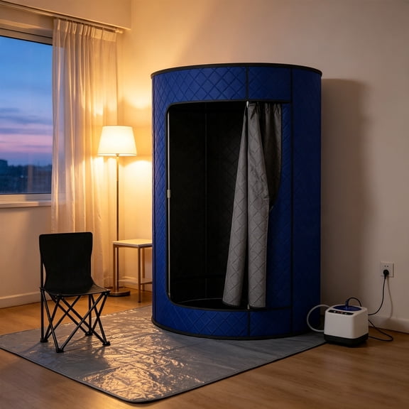 Cylindrical Portable Sauna for Home, Personal SPA Steam Sauna with 3L/1200W Steamer, Remote Control, Folding Chair, 9 Power Levels, Blue