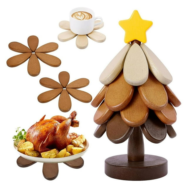 Salvamanteles de Madera con Forma de Árbol para Platos Calientes,Juego de 4 con Forma de Árbol para Ollas y Sartenes Calientes, Posavasos de Madera para Tazones, Teteras y Bebidas.