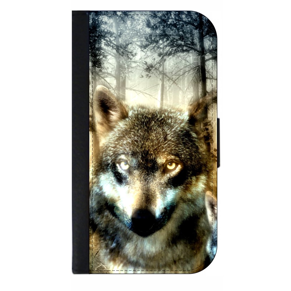 Wolf Face Wallet Style Cell Phone Case with 2 Card Slots and a Flip