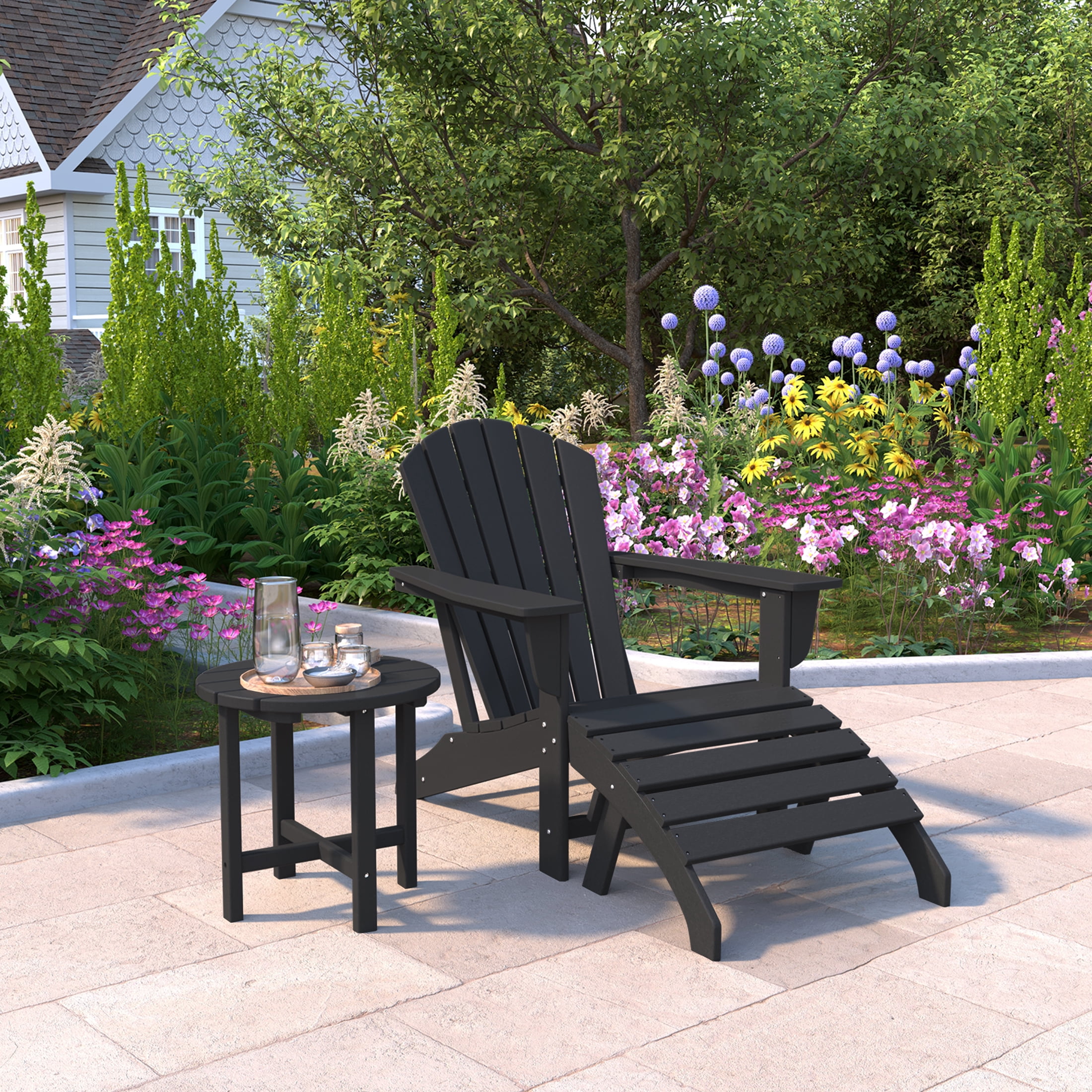 WestinTrends Dylan Outdoor Adirondack Chair With Ottoman And Side Table 3-Piece Set, Black