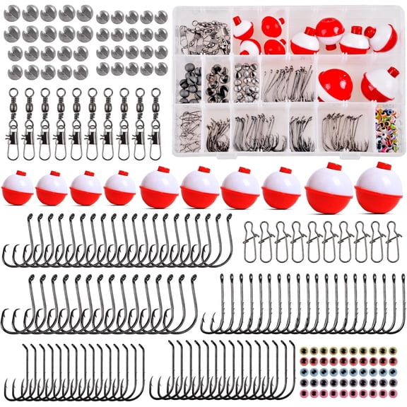 Fishing Bobbers Tackle Kit,205pcs Basic Tackle Box Fishing Accessories Included Fishing Hooks,Bobbers,Fishing Weights,Swivel Snaps,Fishing Equipment Starter Kit for Trout Catfish Panfish