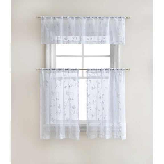 GoodGram Floral Embroidered White Semi Sheer Kitchen Curtains & Valance Set, 58” x 36” (3 Panels)