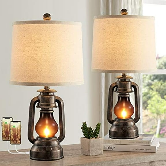 Farmhouse Lantern Table Lamps for Living Room Set of 2, Vintage Bedroom Resin Lamp with Dual USB Charging Ports, Rustic Retro Bedside Nightstand Desk Lamp, 4 Bulb Included