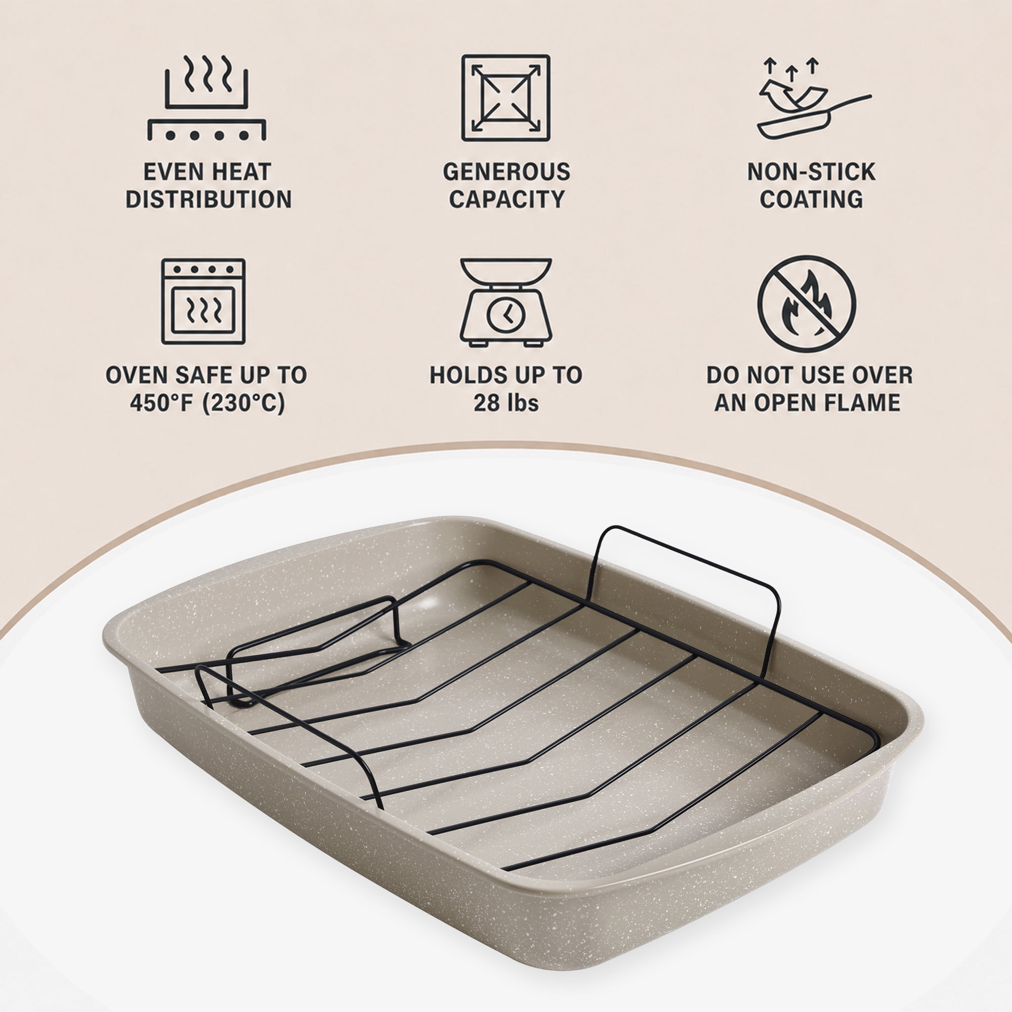 Mainstays Non-Stick Carbon Steel Roaster Pan with Wire Rack, 18.9 in, Speckle Beige, 0.5 mm