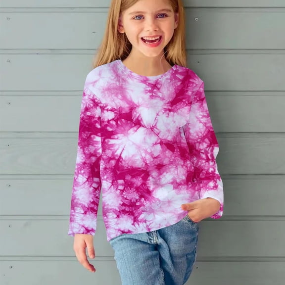 YUANxueke Girls Athletic Long Sleeve Shirts Fashion Tie Dye Crewneck Shirts Kids Casual Loose Pullover Tops,Multicolor,3 Years